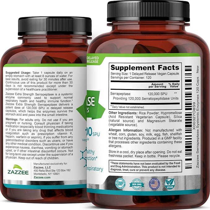 Zazzee Delayed Release Serrapeptase 120000 SPU per Capsule 120 Vegan Capsules 4 Month Supply Extra Strength Potent and Concentrated Systemic Enzymes 100% Vegetarian All-Natural and Non-GMO