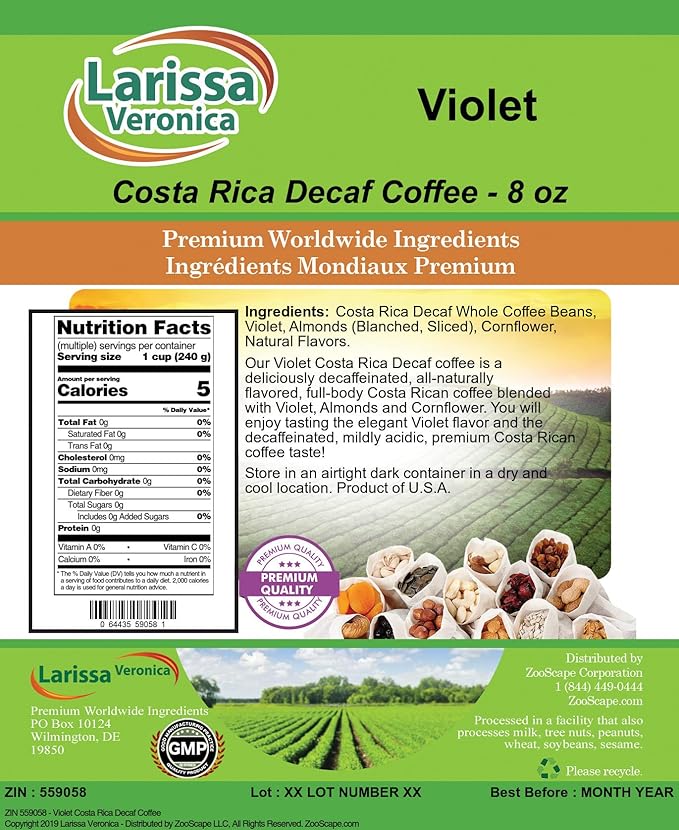 Violet Costa Rica Decaf Coffee (Gourmet Naturally Flavored Whole Coffee Beans) (8 oz ZIN: 559058)