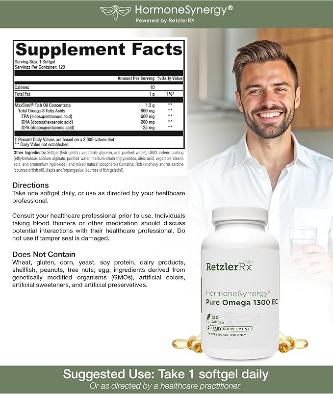 HormoneSynergy Omega 1300 EC Fish Oil Softgels - High-Strength Omega 3 Supplement with Enhanced Absorption - IFOS Verified Enteric Coated 600mg EPA 260mg DHA - 120 Count