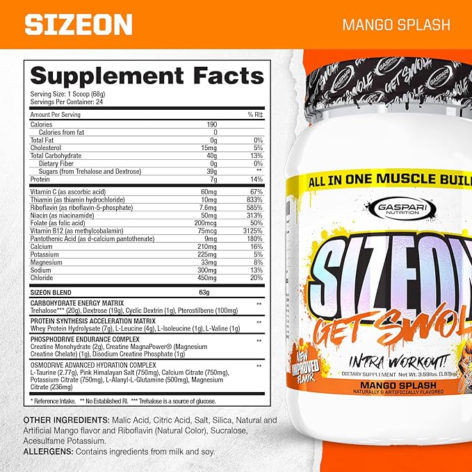 Gaspari Nutrition SizeOn The Ultimate Hybrid Intra-Workout Amino Acid &amp Creatine Formula Increased Muscle Volume &amp Muscle Recovery (3.59 Pounds Mango Splash)