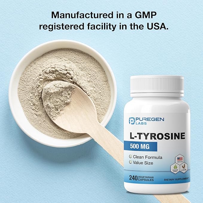 Puregen Labs L-Tyrosine 500 mg Total - 480 Vegetable Capsules | No Harmful Additives | Brain &amp Nervous System Support Non-GMO Vegan Gluten Free Dairy Free - 480 Servings