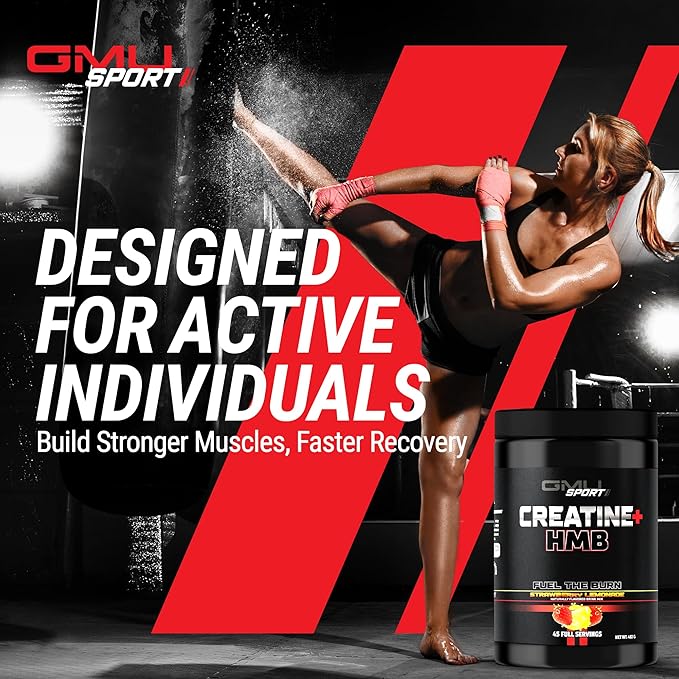 GMU SPORT Creatine HMB Powder – 45 Servings – 5g Creatine Monohydrate + 3g HMB + Piperine – Muscle Growth Strength &amp Recovery | Strawberry Lemonade Drink Mix for Men &amp Women