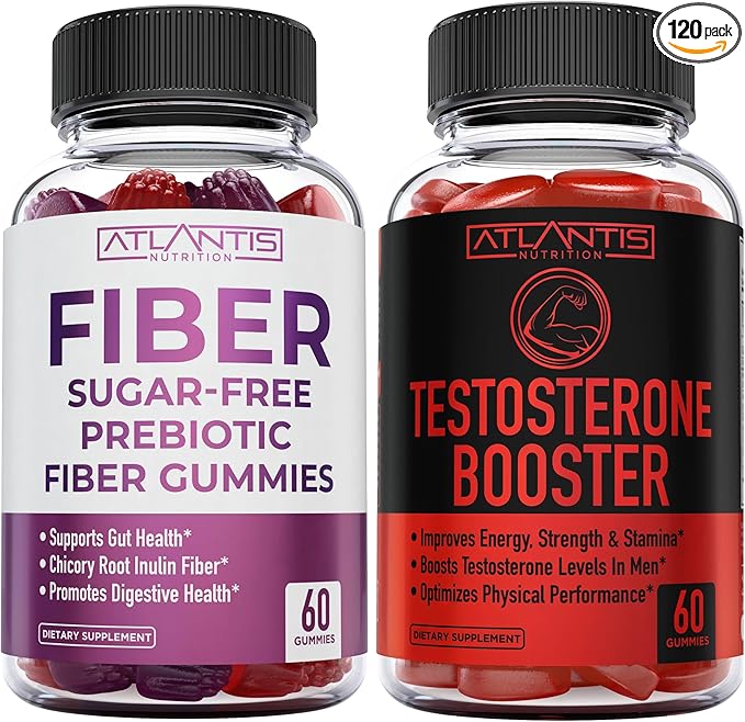 Atlantis Nutrition Sugar Free Prebiotic Fiber Gummies for Adults 60 Gummies + Testosterone Booster 2-Pack (120 Gummies)