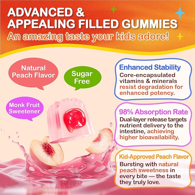 Sugar Free Kids Multivitamin Gummies - Kids Vitamins with Iron Probiotics &amp Omega-3 for Healthy Growth - Plus Elderberry Vitamin C D3 &amp Zinc for Immunity - Ages 4-12 Natural Peach Flavor