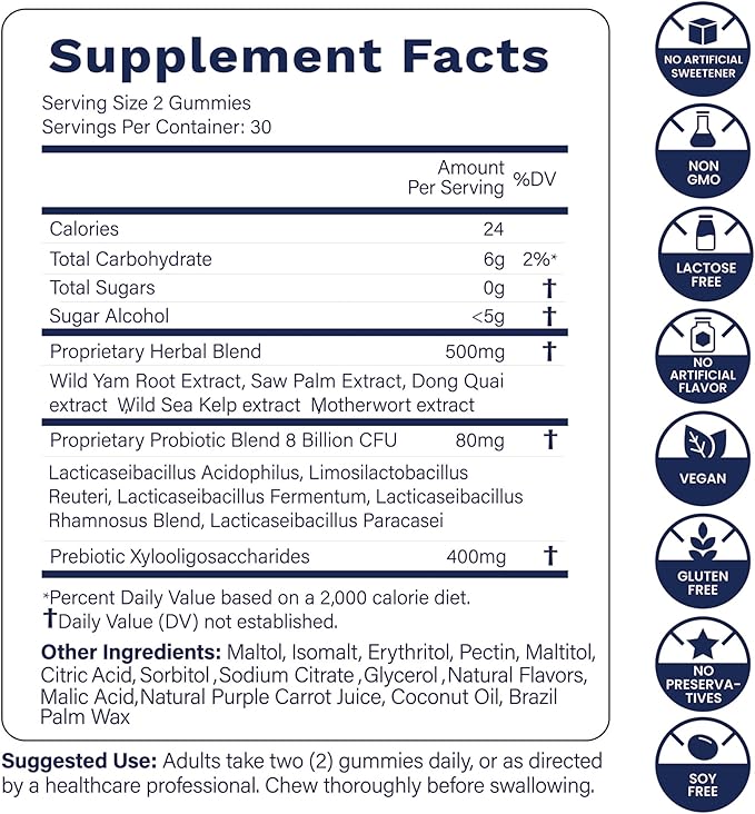 Flora12 Vaginal Probiotics for Women pH Balance Gummies with Prebiotics 8x Billion Probiotics 5x Extracts Saw Palmetto Dong Quai Motherwort Wild Kelp &amp Yam | Vegan Sugar-Free Gluten-Free 120 C