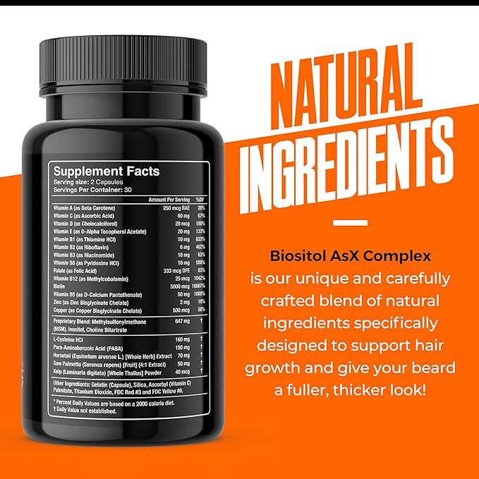 Wild Willies Beard Growth Vitamins - Natural BioSitol ASX Complex Beard Growth Supplements for Men - 60 Capsules Anti Hair Loss Pills - Supplement for Fuller Thicker Beard Support Prevent Itchiness