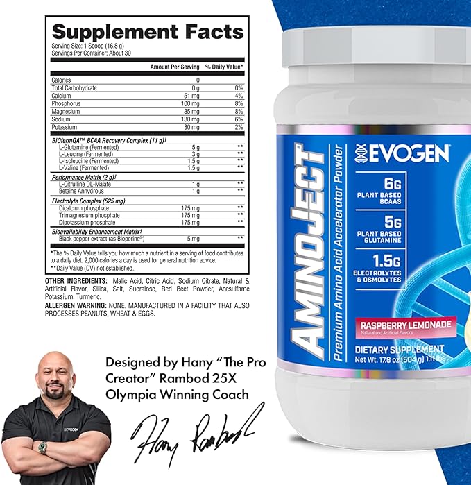 Evogen AminoJect - Premium BCAA Powder &amp EAA Recovery Formula with Electrolytes | Amino Acids Supplement for Muscle Growth Hydration &amp Recovery | Raspberry Lemonade | 30 Servings