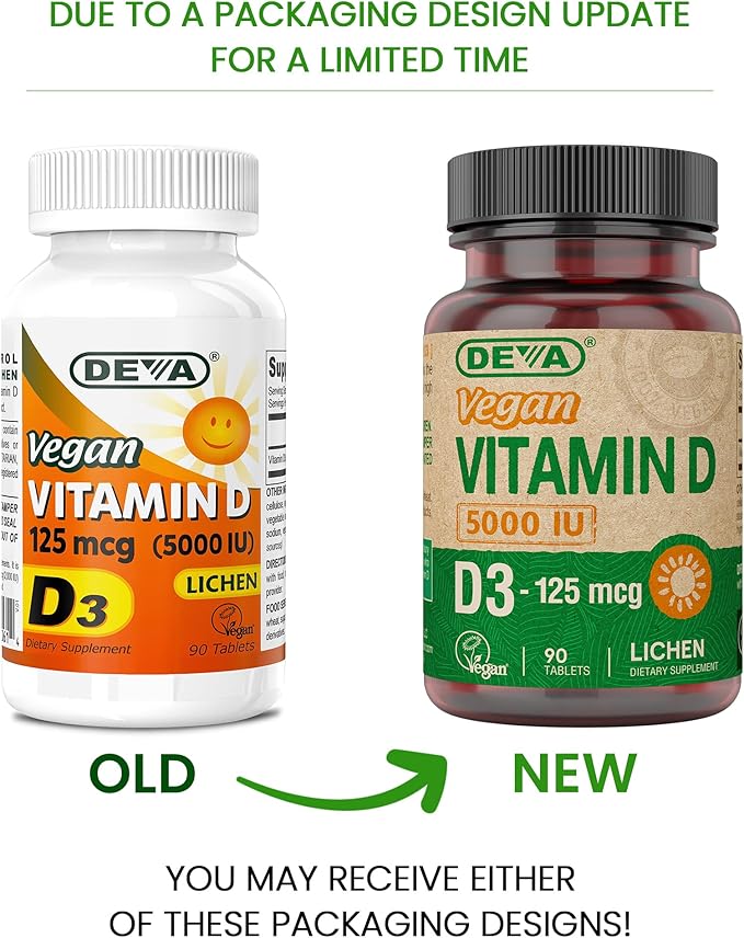DEVA Vitamin D3 5000 IU Sunshine Supplement 125 mcg of Vegan D3 90-Count Bottle