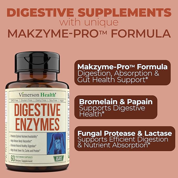 Digestive Enzymes - Probiotic Multi Enzyme (Enzimas Digestivas) - Digestive Supplements with Unique Makzyme-Pro Formula - Advanced Enzymes for Digestion Bowel Movements &amp Nutrient Absorption. 60
