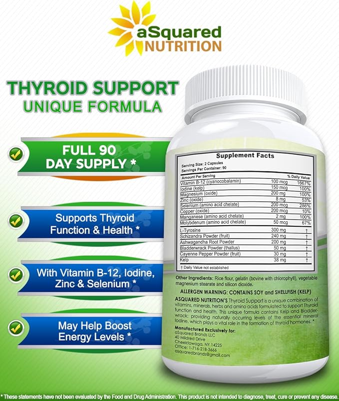 aSquared Nutrition Premium Thyroid Support Supplement with Iodine (180 Capsules) - Best Herbal &amp Vitamin Complex Pills w/ B12 Ashwagandha Bladderwrack &amp Kelp - Helper for Healthy Hormone &am