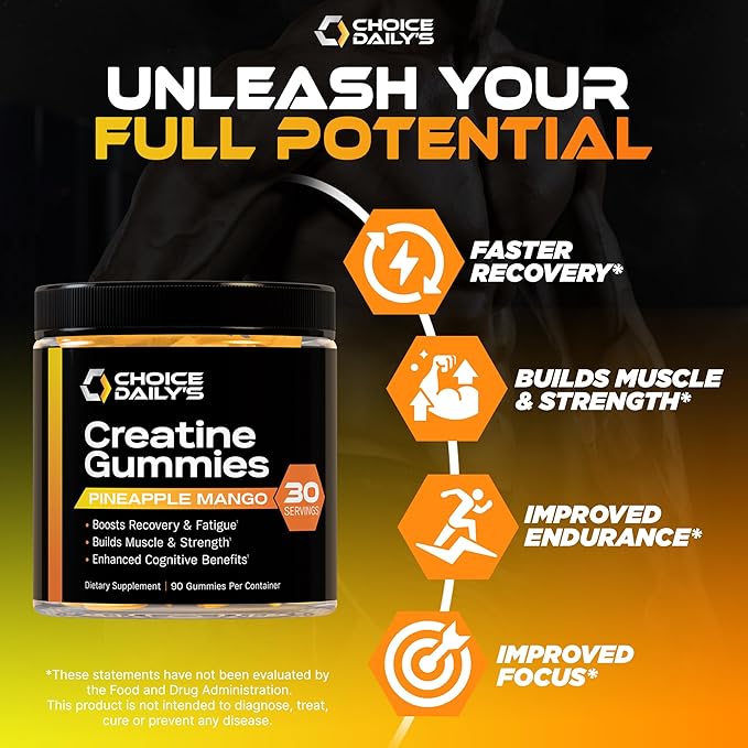 Creatine Gummies - 90 Vegan Friendly Chews - USA Made - Boosts Recovery - Builds Muscle - Enhanced Cognitive Benefits (Large Pineapple Mango)