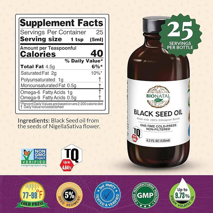 BioNatal Ethiopian Black Seed Oil 4.2oz Glass– Cold Pressed Nigella Sativa Producing Black Cumin Seed Oil Unrefined &amp Non-Filtered High TQ Up to 4.64% – Supports Immune System Digestion &amp J