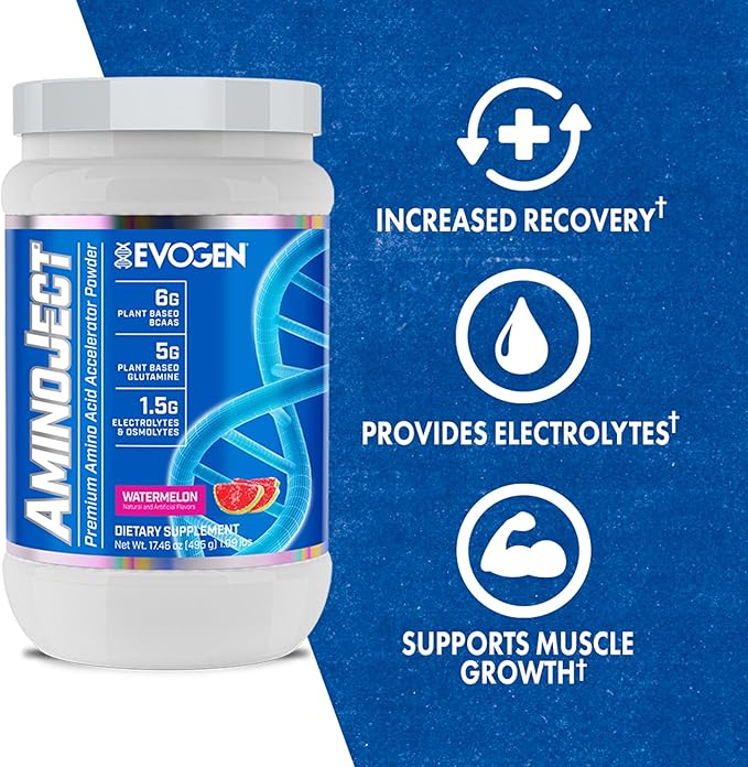 Evogen AminoJect - Premium BCAA Powder &amp EAA Recovery Formula with Electrolytes | Amino Acids Supplement for Muscle Growth Hydration &amp Recovery | Watermelon | 30 Servings