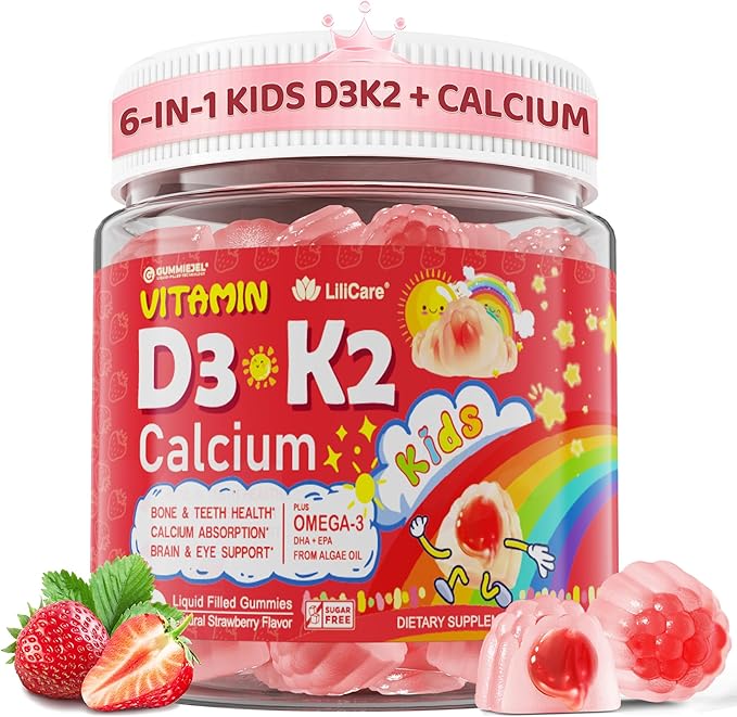 Vitamin D3 K2 + Calcium Liquid-filled Gummies for Kids &amp Teens 1000IU / 2000IU D3 with Magnesium Algal Omega 3 Kids Vitamins for Bones &amp Teeth Calcium Absorption Brain Immune Sugar-Free