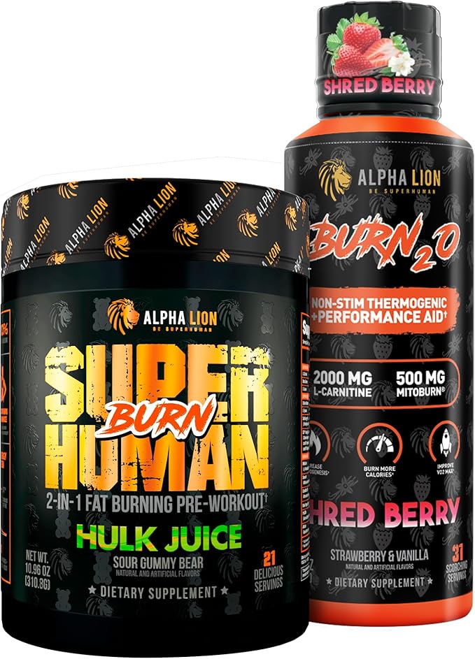 ALPHA LION Stubborn Fat Loss Stack – Superhuman Burn Pre Workout + Burn2O Liquid L-Carnitine 2000mg (ShredBerry) – 2-in-1 Thermogenic Fat Burning Stack for Men &amp Women