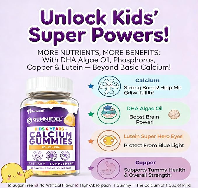 Sugar Free Kids Calcium Gummies (Ages 4-12) - 300mg Calcium Citrate w/Vitamin D3 K2 Magnesium - Algae DHA Lutein &amp Zeaxanthin for Strong Bones Eye &amp Brain Support - Gelatin Free - 60 Gummies