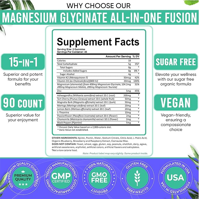 Adndale Magnesium Glycinate 400 mg Gummies with Ashwagandha Magnesium Malate &amp Taurate Tart Cherry Magnolia Bark Lemon Balm Passionflower Chamomile L-Theanine Zinc Vitamin K2 &amp D3. 90