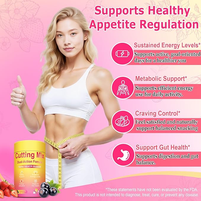 Cutting Drink Mix – Supports Satiety Signaling Energy &amp Gut Health with Berberine Chromium FOS Yerba Mate &amp 5-HTP | Vegan Sugar-Free Non-GMO | Strawberry Açaí – 30 Sticks