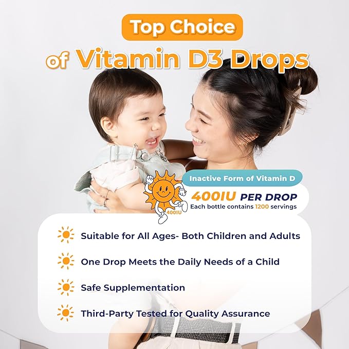 Baby Vitamin D3 Drops-400IU per Drop-1200 Servings-Safe for Newborns&ampKids-Supports Immune&ampBone Health-30ml