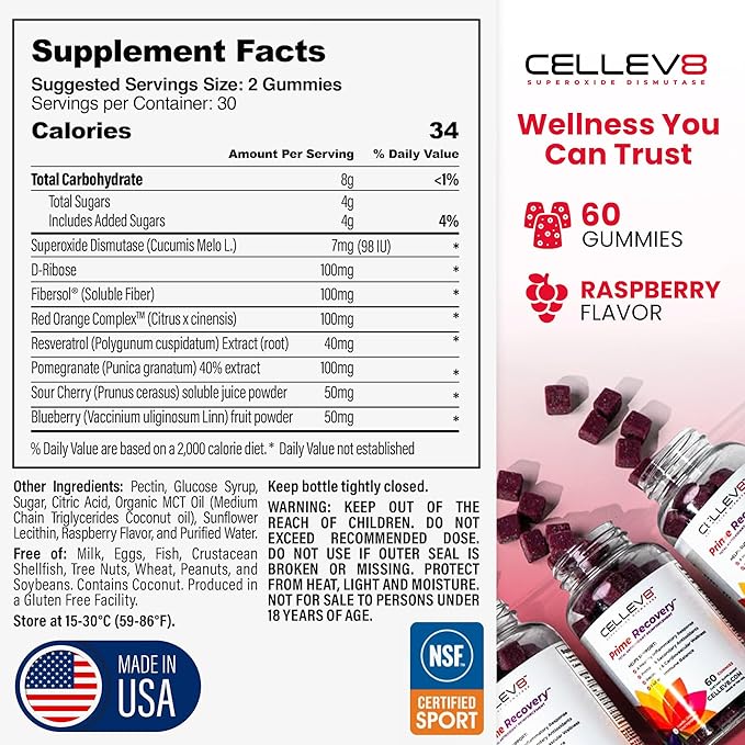 Cellev8 Prime Recovery Joint &amp Muscle Recovery Gummies - 60 Count - Antioxidant Cellular Health Daily Energy Wellness Supplements with SOD Tart Cherry - NSF Sport Formula Raspberry Flavor