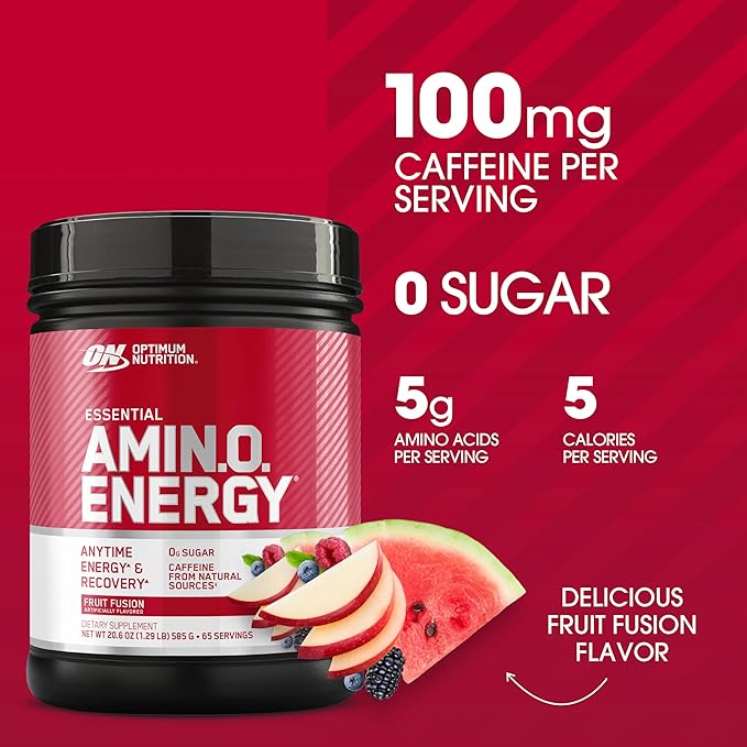 Optimum Nutrition Amino Energy - Pre Workout with Green Tea BCAA Amino Acids Keto Friendly Green Coffee Extract Energy Powder - Fruit Fusion 65 Servings (Packaging May Vary)