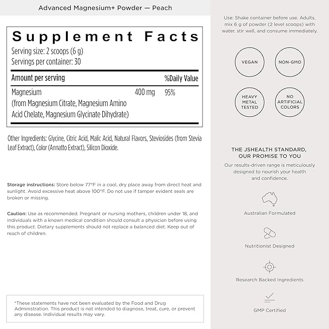 JSHealth Magnesium Powder for Sleep. 400mg Triple-Form Glycinate Citrate Amino Acid Chelate. Raspberry Lemonade. By Nutritionist Jessica Sepel (30 Servings) - Peach