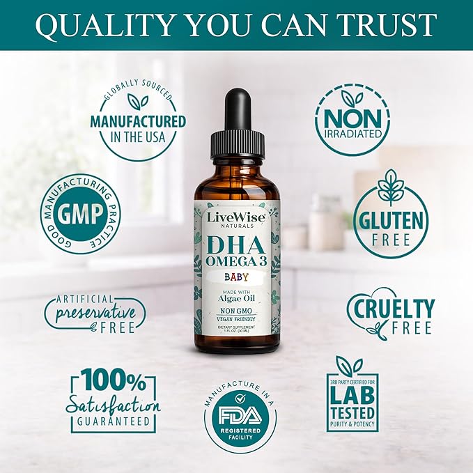 LiveWise Naturals DHA Omega 3 Drops for Kids - Vegan Liquid Omega 3 for Infants Toddlers &amp Children - Essential DHA Supplement for Baby Brain Eye &amp Immune Health