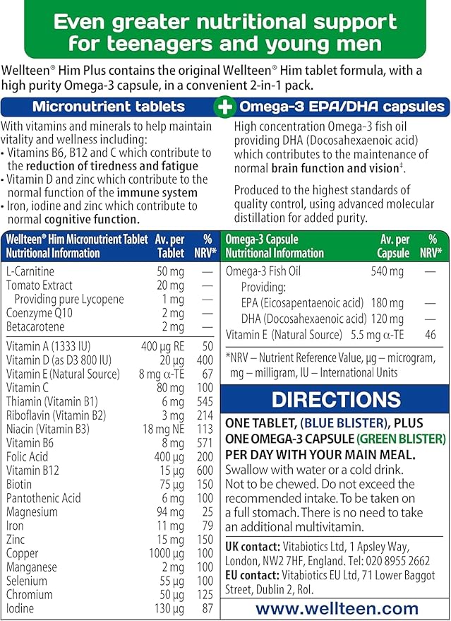 UK's Well Teen Him Plus Omega-3 - Maximum Nutritional Support for Teenagers and Young Men Ages 13-19 - 56 Tablets and Capsules