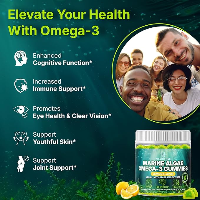 Marine Algae Omega 3 Gummies with 3400mg+ | DHA/EPA/ALA 20:1 Grape Seed Extract Vitamin C &amp Folate | Heart Brain &amp Skin | Plant-Based Sugar-Free 60 Ct