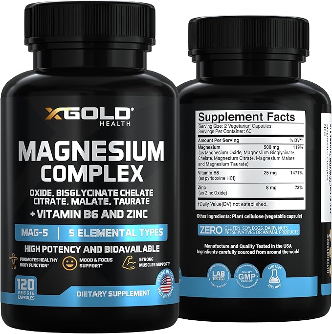 X Gold Health Magnesium Complex 5-in-1 with Zinc &amp B6 High Absorption Capsules (Glycinate Citrate Malate Taurate Oxide) Muscle Recovery Energy Sleep Support &amp Immune Health 500mg Made in