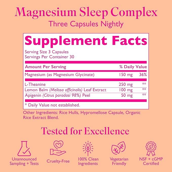 Amy Suzanne Magnesium Sleep Complex with L-Theanine and Lemon Balm - Melatonin-Free Sleep Support for Natural Calm and Relaxation - Magnesium Glycinate - 90 Capsules