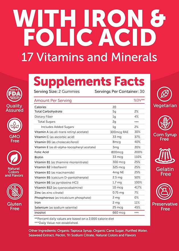 Lunakai USA Made 17-in-1 Prenatal Vitamins for Women with Iron &amp Folic Acid – Delicious Daily Prenatal Gummies for Maternal Wellness Support 60ct