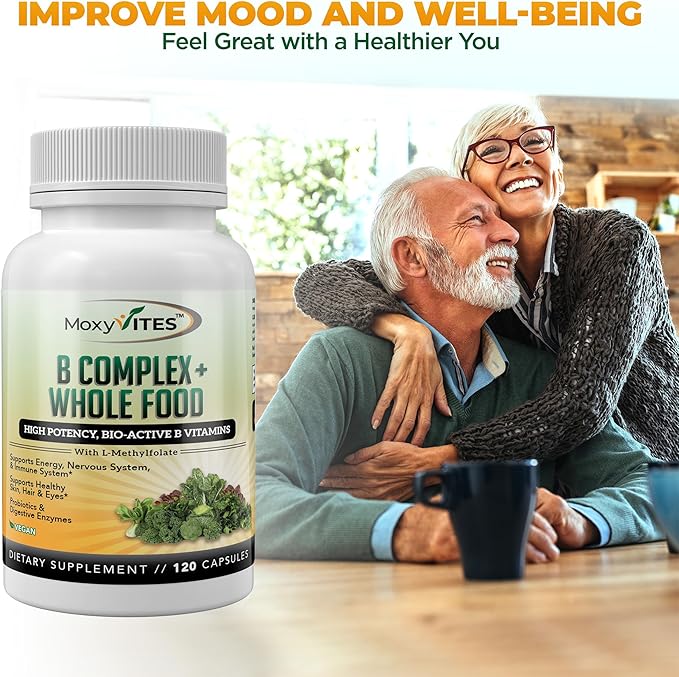 MoxyVites Vitamin B Complex - B Vitamins Whole Food Supplement B12 Methylcobalamin B1 B2 B3 B5 B6 B7 B9 - for Stress Energy and Immune Support Vegan 120 Capsules