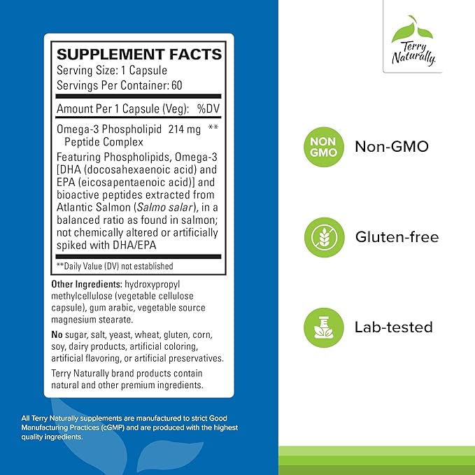 Terry Naturally Vectomega - Dietary Supplement with EPA &amp DHA - Omega-3 Capsules for Brain &amp Heart Health Support - Nutritional Supplement with Essential Fatty Acids &amp Peptides - 60