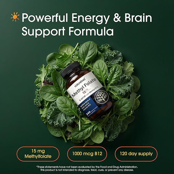 NatureBell Methyl Folate 15mg - 240 Capsules - 5-MTHF with Methyl B12-15mg L-Methylfolate &amp 1000mcg Vitamin B12 - Energy &amp Cognitive Support Supplement* - Gluten-Free &amp Non-GMO