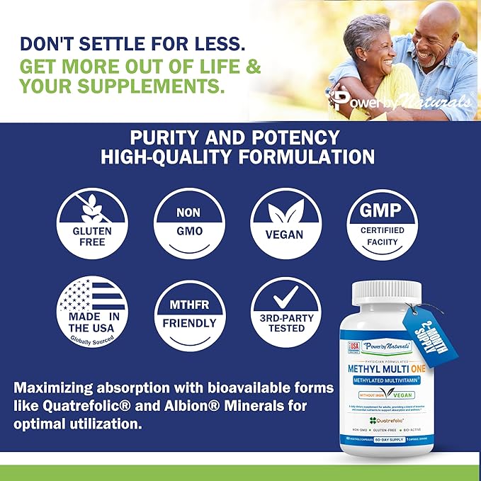 Power By Naturals Methyl Multi One – Iron-Free Methylated Multivitamin with Methyl B12 5-MTHF CoQ10 &amp Zinc – Methylation Support for Men &amp Women – 120 Capsules 2-Pack (4-Month Supply)