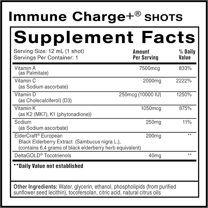Quicksilver Scientific Immune Charge+ - Portable Wellness with Elderberry Vitamin C E K1 K2 10000 IU Vitamin D for Optimal Immune System Support (12 Single Serving Shots)