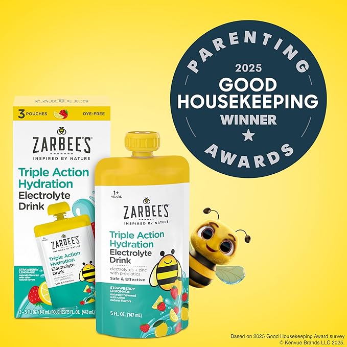 Zarbee’s Triple Action Hydration Electrolyte Drink for Kids Low Sugar with Prebiotics &amp Zinc Mild to Moderate Dehydration Strawberry Lemonade &amp Lemon Lime 12 x 5 fl oz Pouches