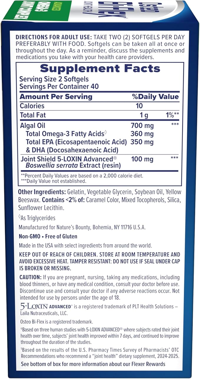 Osteo Bi-Flex Advanced Omega-3 Joint Complex Algae Oil Plant-Based Supplement Improve Joint Function Strength Flexibility Mobility 80 Softgels