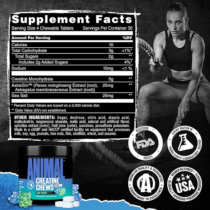 Animal Creatine Chews – Enhanced Creatine Monohydrate Chewable Tablets with AstraGin &amp Sea Salt Max Absorption Pre Post-Workout Lean Muscle Growth Strength &amp Recovery New Flavor Candy Crus