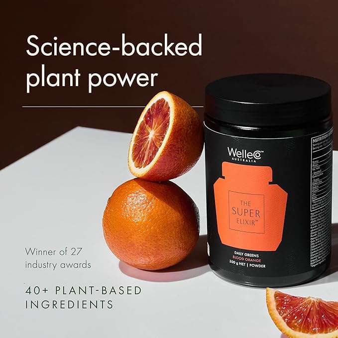 WelleCo The Super Elixir Daily Greens Powder Probiotic Drink Mix with Whole Foods Gluten Free Vegan Gut Health Powder Energy Immunity Healthy Skin Hair &amp Nails (Jar Blood Orange)