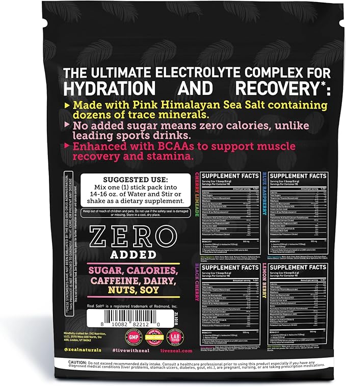 Zeal Naturals Enhanced Electrolyte Powder Stick Packs (Variety Pack - 20 Packets) Sugar Free + BCAA B-Vitamins &amp Pink Himalayan Salt - Keto Electrolytes Hydration Powder