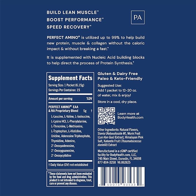 BodyHealth PerfectAmino Powder - BCAA and EAA Powder for Pre and Post Workout - Amino Acid Energy Drink for Men and Women to Support Lean Muscle and Recovery - Chocolate - Stick Packs - 15 Servings