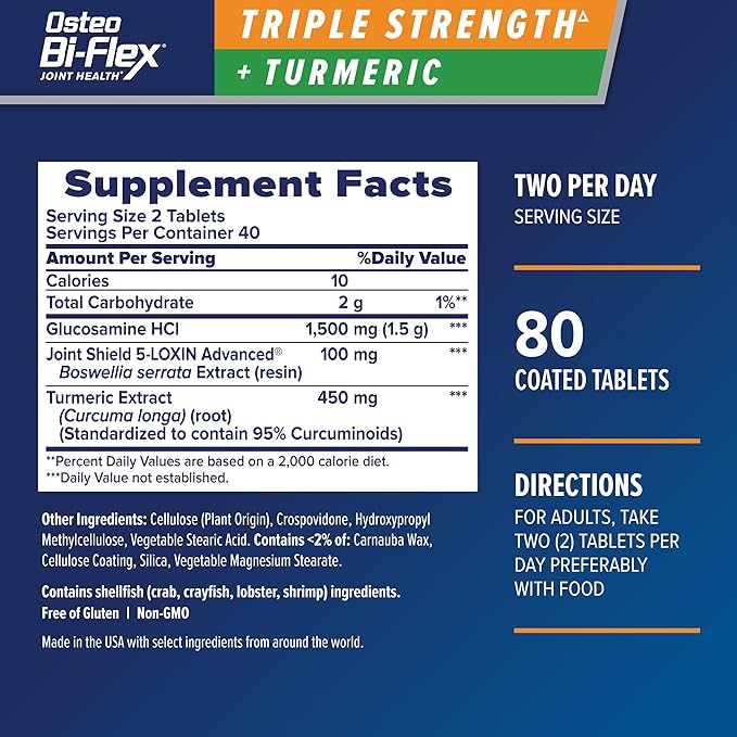 Osteo Bi-Flex Triple Strength Glucosamine Supplement with Turmeric Extract Improve Joint Function Antioxidant Power 80 Coated Tablets
