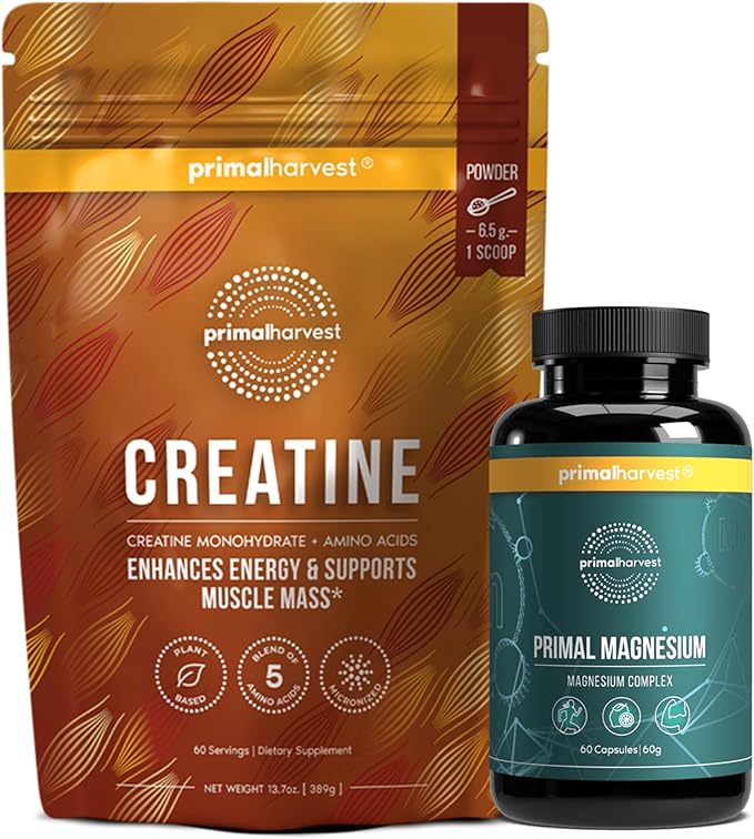 Primal Creatine Powder + Primal Magnesium Capsules Bundle | 2-Pack | Support Muscle Strength Recovery &amp Relaxation | 60 Servings