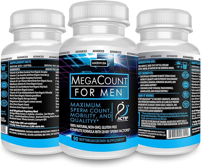 ACTIF MegaCount for Men - Maximum Fertility Support and Sperm Count Booster Clinically Proven to Improve Sperm Count and Motility - Non-GMO Made in USA 90 Count