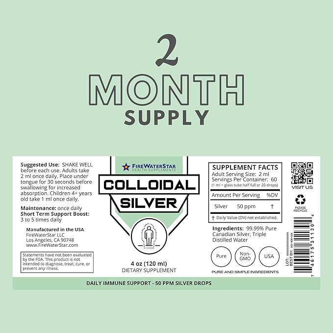 FWS Colloidal Silver Liquid Silver Drops 99.99% Pure Silver 4 oz Glass Bottle 60 Servings (2 Month Supply) 50 ppm Concentrated for Easy and Convenient Servings