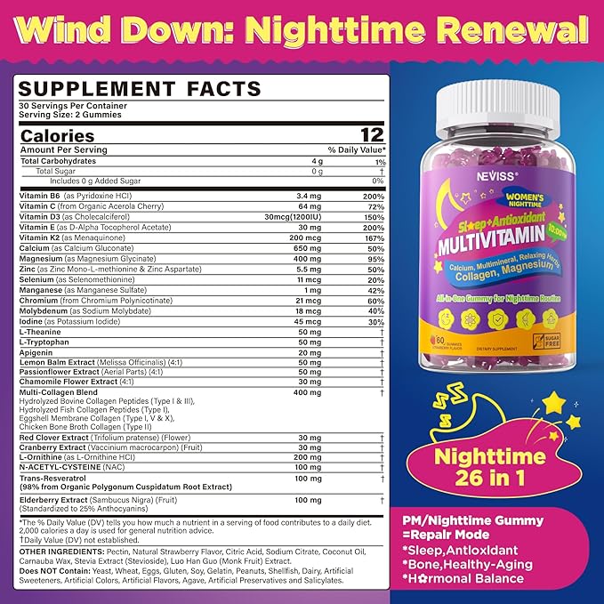 NEVISS Multivitamin for Women Gummies with Magnesium Glycinate 400mg Calcium D3 K2 Collagen Gummy for Nighttime Renewal/Sleep Antioxidant Relax Bone Womens 18 30 40 50 60 70+ PM Daily Vitamins