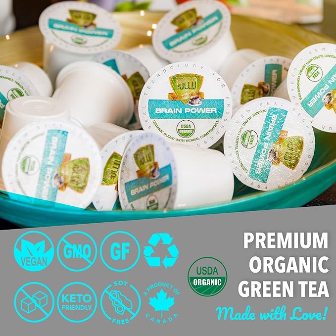 SOLLO Brain Power Organic Green Tea Pods with MCT Acai &amp Essential nutrition Nootropic Brain Booster- Improves Memory &amp Focus Compatible with 2.0 K-Cup Keurig Brewers 24 Ct