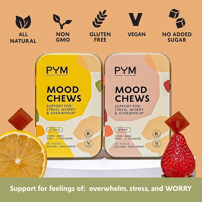 PYM Berry Mood Chews Support for Stress Worry &amp Overwhelm 60 Count | 130mg GABA 90mg L-Theanine | Vegan Non-GMO Gluten-Free No Added Sugar | All-Natural Mood Balance Supplement Made in USA